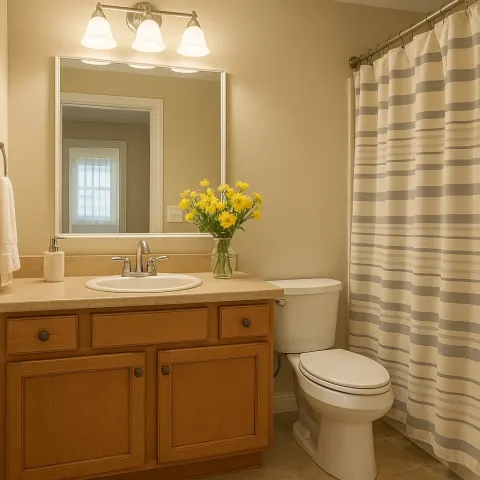 Well-lit Bathroom with Wooden Cabinets