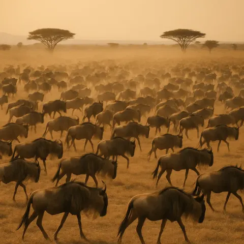 Vast Herd of Wildebeest Raises a Dust Cloud