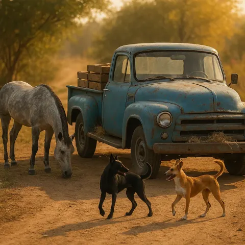 Weathered Blue Truck Rests on a Dusty Dirt Road