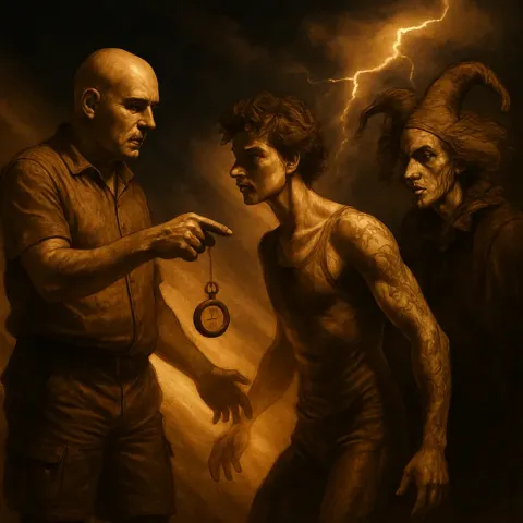 Bald Mentor in Cargo Shorts Gestures with an Antique Bronze