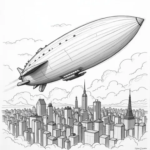 Whiteboard Zeppelin Spaceship Over Vibrant Metropolis