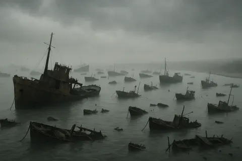 Scattered Flotilla of Many Derelict Ships Rests