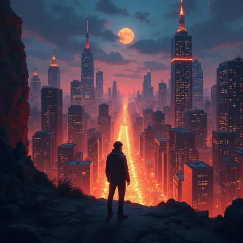 Lone Figure Beholding a Glowing Animated Metropolis