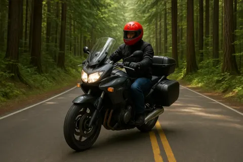 Motorcyclist Wearing a Red Helmet Rides a Touring Motorcycle