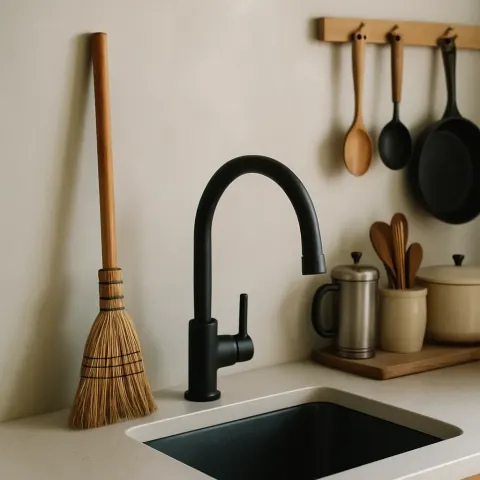 Kitchen Boasts a Matte Black Faucet with a Subtle Finish