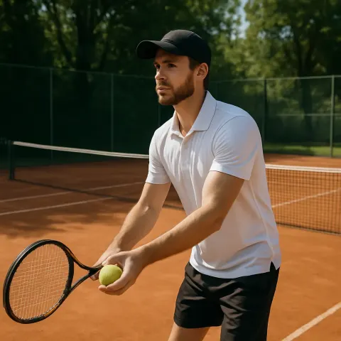 Man Positioned on a Clay Tennis Court