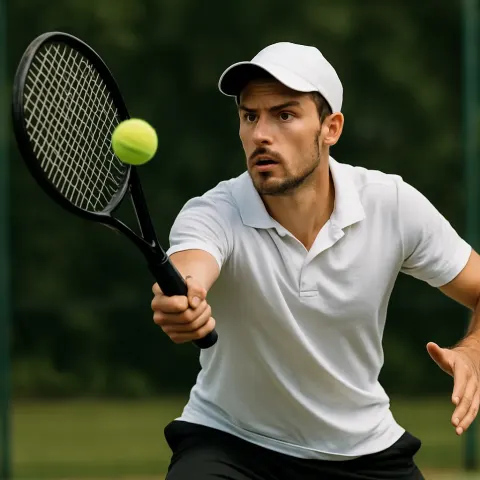 Male Tennis Player Extends His Reach to Manipulate the Ball