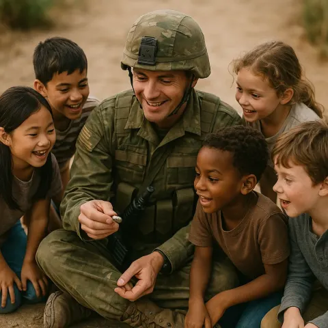 Soldier in Uniform Sits on the Ground