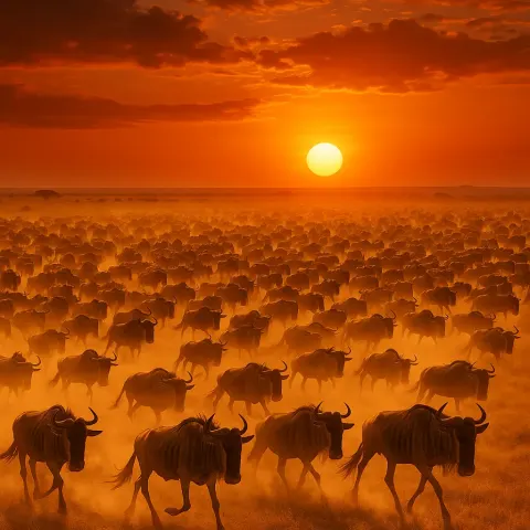 Vast Herd of Wildebeest Thunders Across an Expansive Savanna Plain