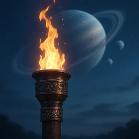 Magically Glowing Torch with Decorative Metal Bands under Cool Twilight