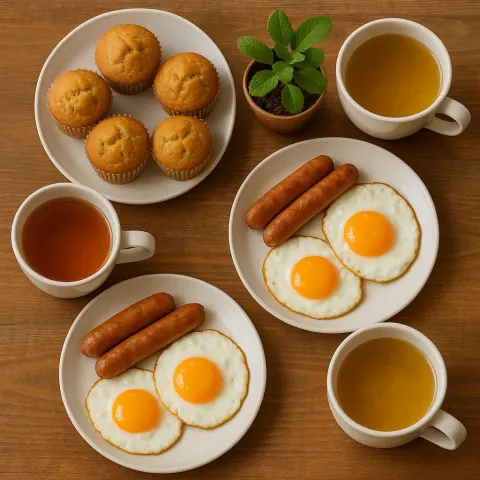 Wooden Table with Plates of Muffins