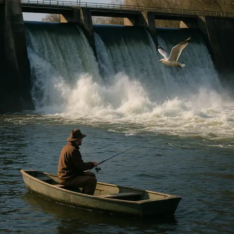 Person Fishing from a Small Boat near a Dam