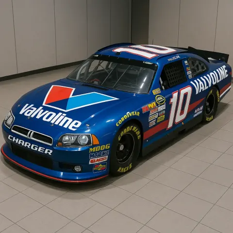 Blue Dodge Charger NASCAR Vehicle with Valvoline Branding and Racing