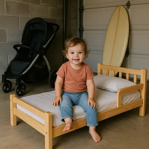 Toddler Sits on a Wooden Toddler Bed in a Garage