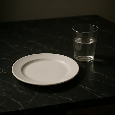 Empty White Plate Lies on a Dark Marble Tabletop