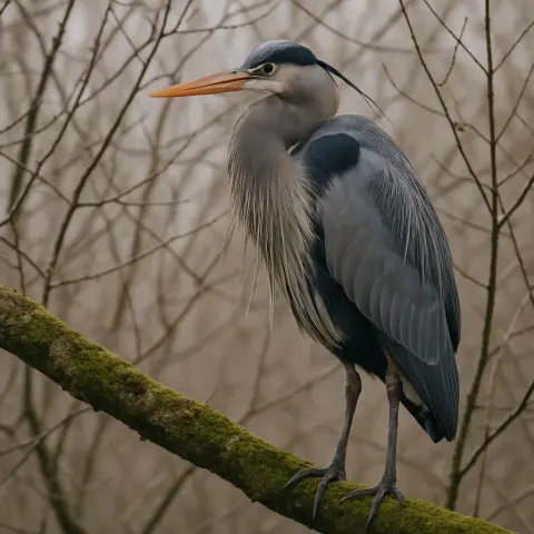Great Blue Heron Perched on a Mossy Tree Branch