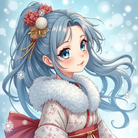 Snow Maiden in Kimono Amid Falling Snowflakes