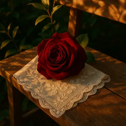 Velvety Deep Red Rose Lies Gracefully Upon an Ivory Lace