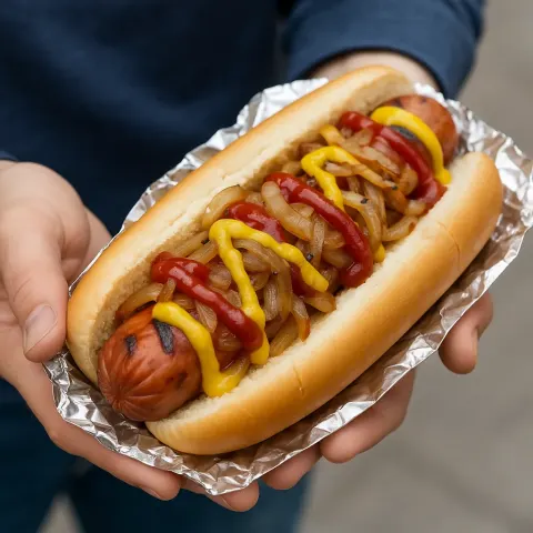 Person Holding a Hot Dog Topped with Mustard