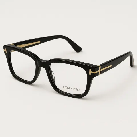 Pair of Black Rectangular Tom Ford Eyeglasses with Gold Accents