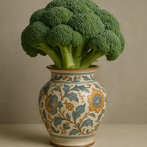 Decorative Vase with a Piece of Broccoli Placed Inside It