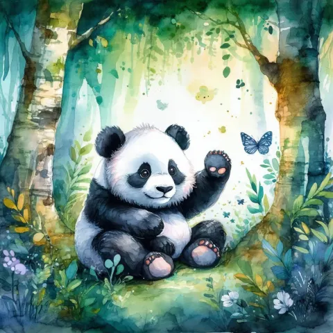 Watercolor Panda in a Whimsical Forest