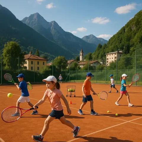 Group of Children Practicing Tennis on Outdoor Clay Courts Surrounded