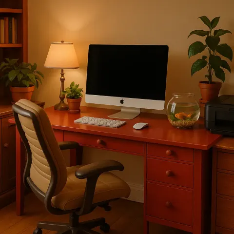 Cozy Home Office Setup Featuring a Red Desk