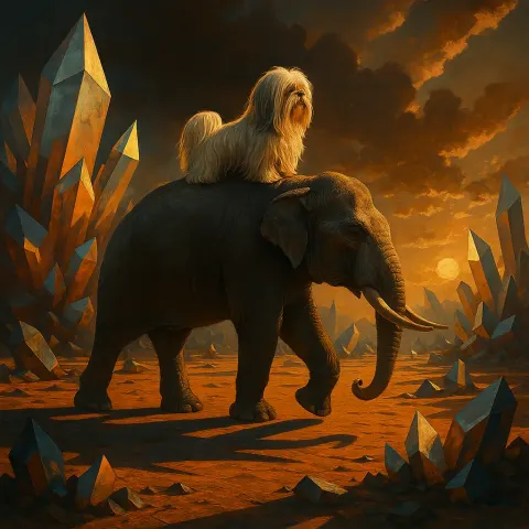 Lhasa Apso Riding an Indian Elephant in Profile