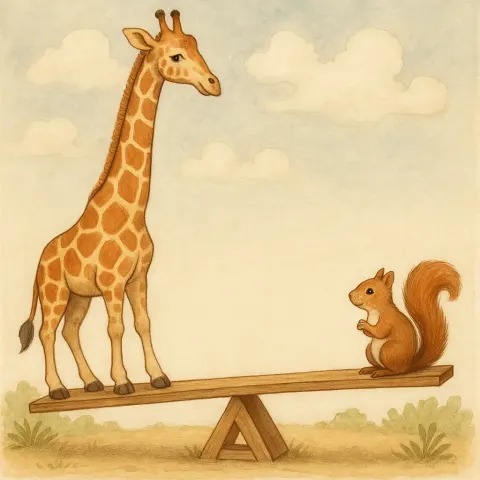 On One End of a Seesaw Sits a Giraffe