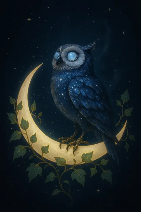 Magical Celestial Owl Resting on a Luminous Crescent Moon
