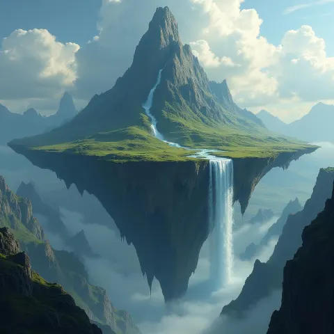 Levitating Mountain Island With Cascading Waterfalls