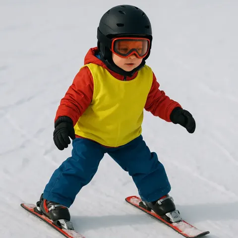 Young Child Skiing on Snow While Wearing a Helmet
