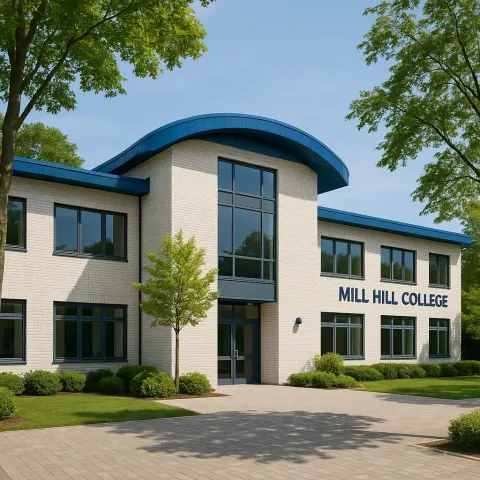 Modern White-brick Building with a Blue Curved Roof Labeled "Mill