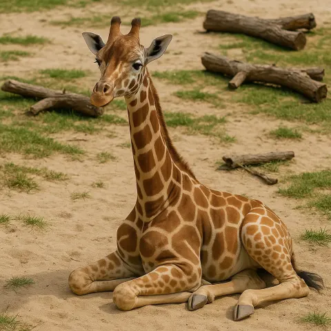 Giraffe Sitting on a Sandy Ground with Patches of Grass