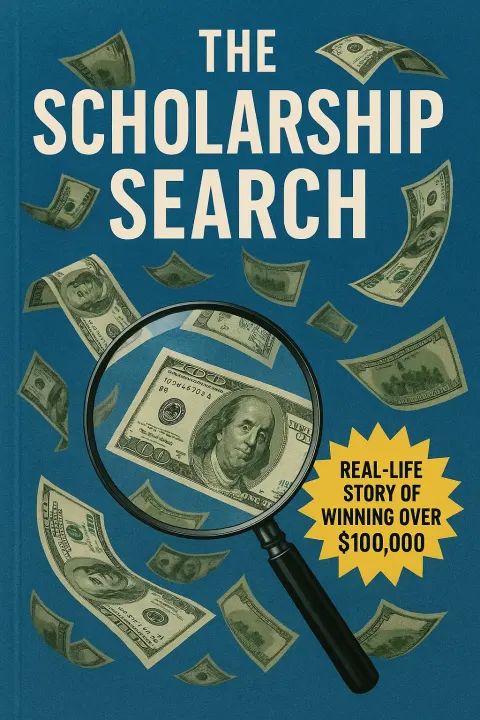 Book Cover Titled "The Scholarship Search" with Floating Dollar Bills