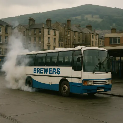 White and Blue Bus Labeled "Brewers" Emits Smoke