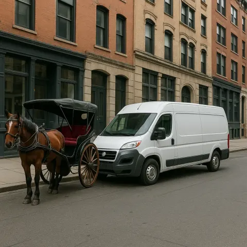 Parked Horse-drawn Carriage and a Van on an Urban Street