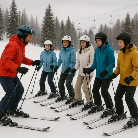 Team of Beginner Snow Skiers Learning and Training Together