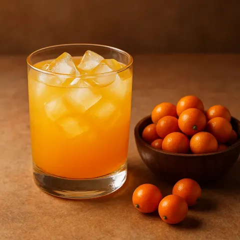 Glass of Orange-yellow Cocktail with Ice Cubes