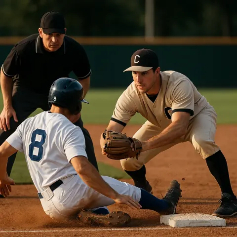 Baseball Player Slides into Third Base as the Baseman Tries