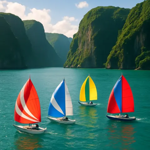 Few Tiny Sailboats with Colorful Spinnakers Glide Gracefully
