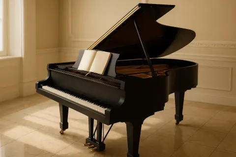 Matte Ebony Concert Grand Piano Stands with its Lid Open