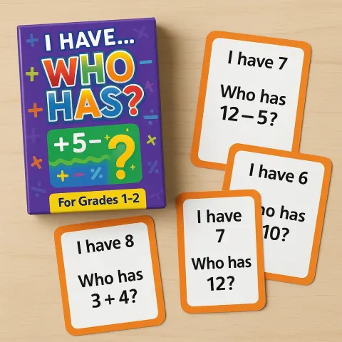 Colorful Math Card Game Box Labeled "I Have... Who Has?"