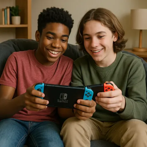 Two Buddies Sharing a Beanbag Chair While Playing Games
