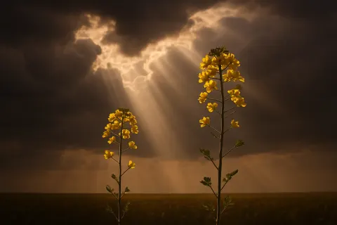 Two Varied Rapeseed Plants Stand Beneath Dramatic