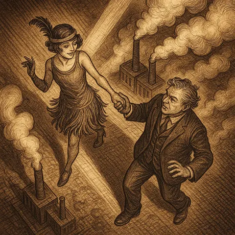 1920s Flapper Trickster Guides a Wavy-haired Tycoon