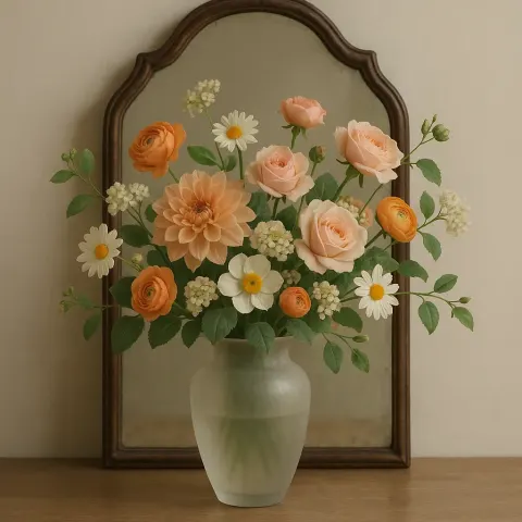 Vintage Mirror Reflecting a Frosted Glass Vase Filled