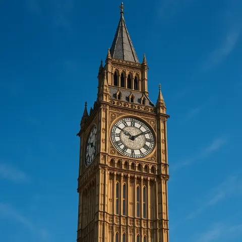 Towering Clock Tower Stands Proudly Against a Vibrant Blue Sky