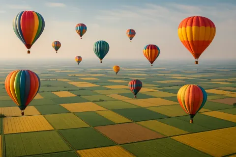 Scattered Handful of Brightly Colored Hot Air Balloons Drifts Serenely